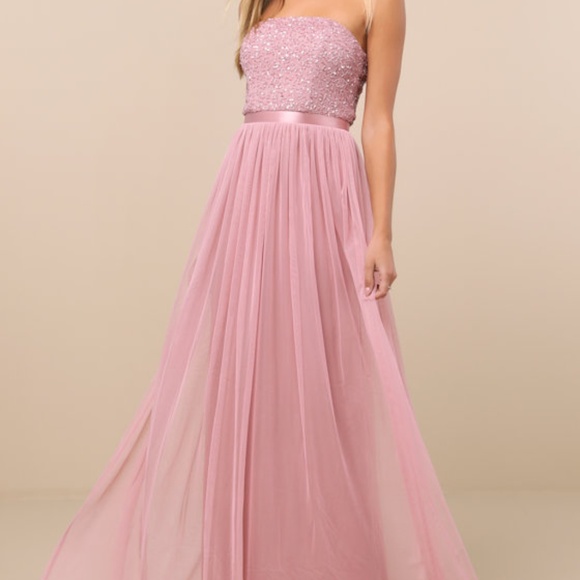 Lulus Lonica Mauve Sequin Beaded Strapless Maxi Dress Pink - Size S - Picture 1 of 1